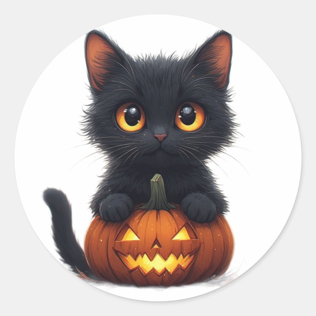 Sticker Rond Chat Noir Assis sur une Citrouille (Devant)