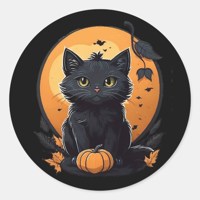 Sticker Rond Chat noir avec citrouille (Devant)