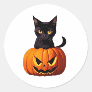 Sticker Rond Chat noir avec Citrouille Cute Kawaii Animaux Anim