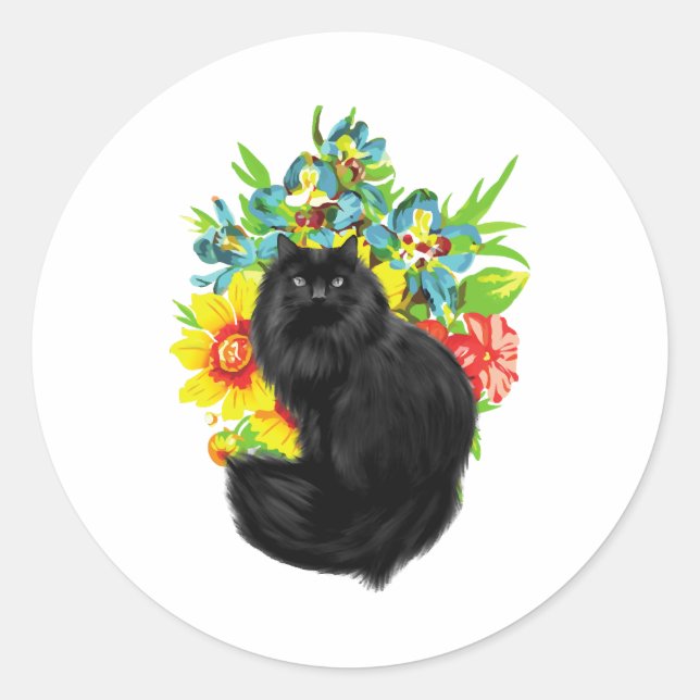 Sticker Rond chat noir avec fleur (Devant)