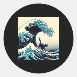Sticker Rond Chat Noir Avec Surf Surfant Sur La Grande Vague Ho