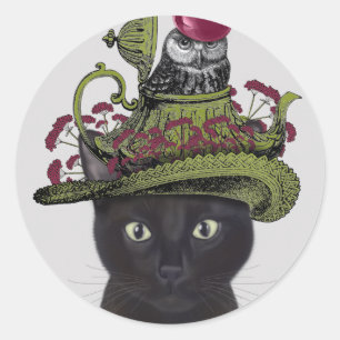 Sticker Rond Chat noir avec théière et hibou
