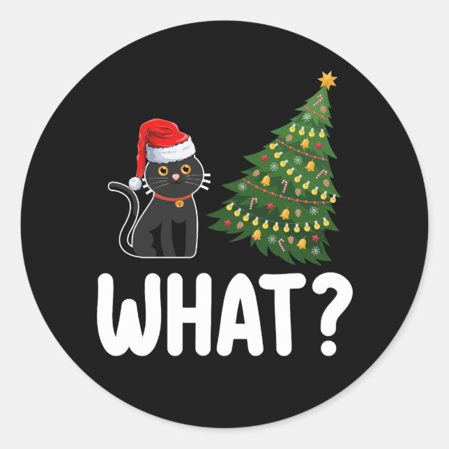 Sticker Rond Chat Noir Ce Poussant Arbre De Noël Drôle (Devant)