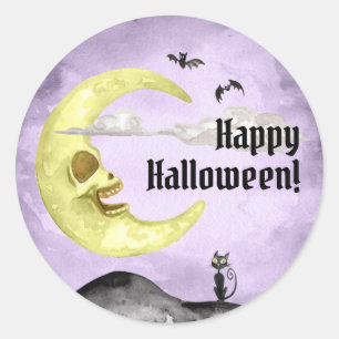 Sticker Rond Chat noir Chat déplaisant Lune Halloween violet