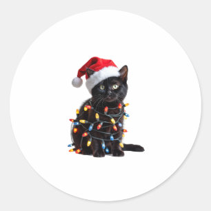Sticker Rond Chat noir chat Père Noël lumières de Noël Meow Kit
