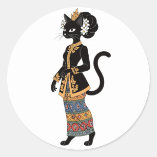 Sticker Rond Chat noir dans l'art traditionnel de Kebaya en bat