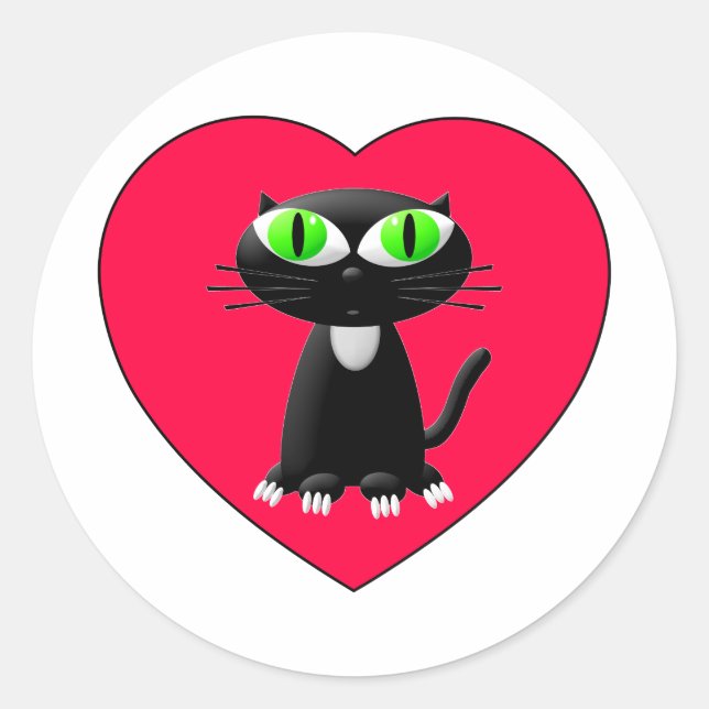 Sticker Rond Chat noir dans le coeur rouge (Devant)