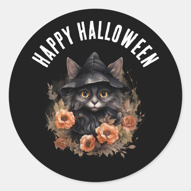 Sticker Rond Chat noir dans l'Halloween Casquette d'une sorcièr (Devant)