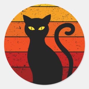 Sticker Rond Chat noir de coucher de soleil rétro vintage Hallo