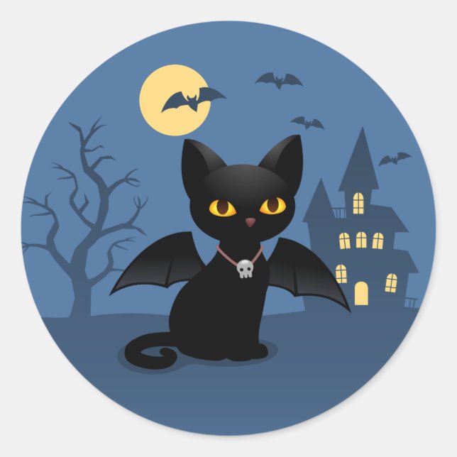 Sticker Rond Chat noir de Halloween vampire avec des ailes (Devant)