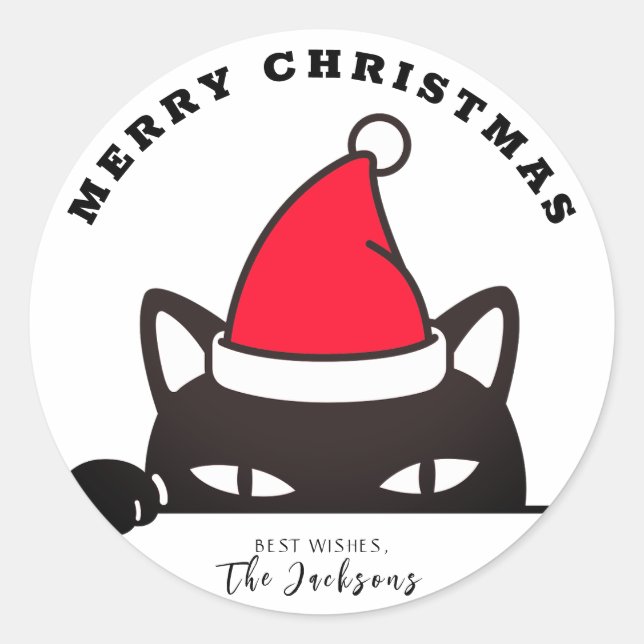 Sticker Rond Chat noir de Noël amusant (Devant)