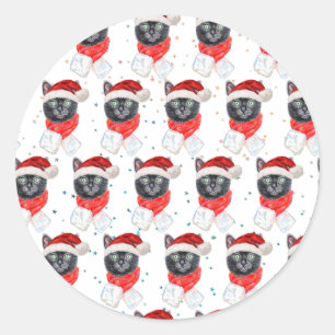 Sticker Rond Chat noir de Noël avec écharpe rouge