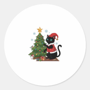 Sticker Rond Chat noir de Noël chapeau de Père Noël arbre souri