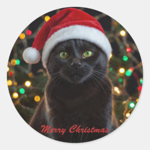 Sticker Rond Chat Noir de Noël - Chapeau de Père Noël Photo per