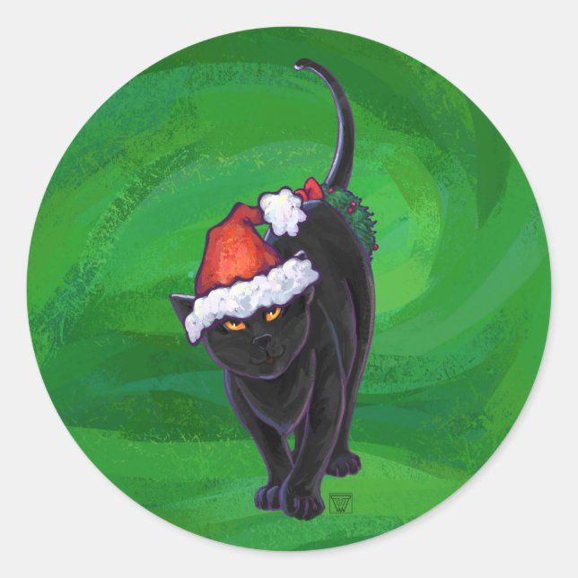 Sticker Rond Chat noir de Noël en vert (Devant)