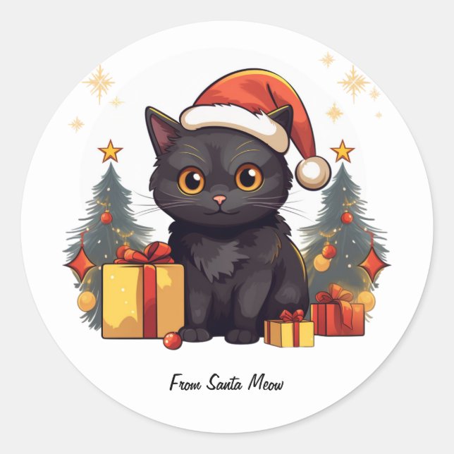 Sticker Rond Chat noir de Noël mignon (Devant)