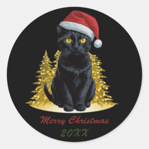 Sticker Rond Chat Noir de Noël mignon à Santa Hat Custom