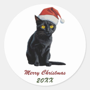 Sticker Rond Chat Noir de Noël mignon à Santa Hat Custom