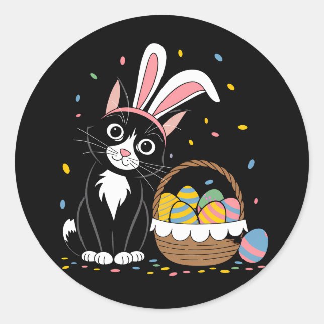 Sticker Rond Chat noir de Pâques Tuxedo Lapin Lapin Oreilles OE (Devant)