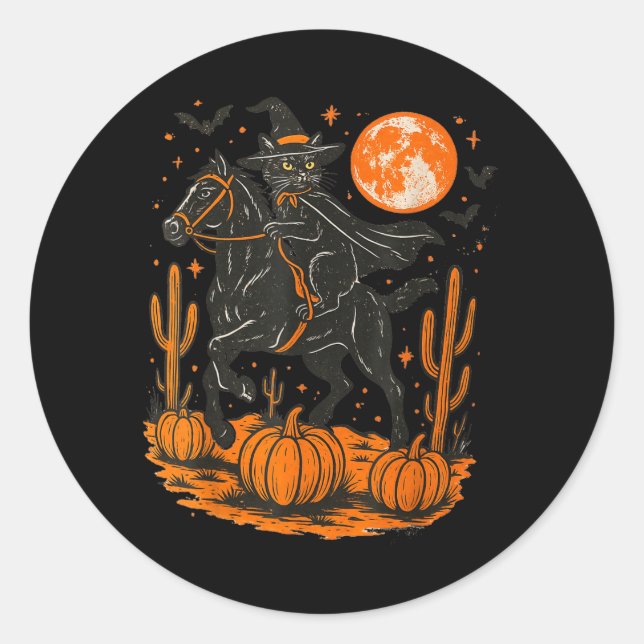 Sticker Rond Chat noir de sorcière montant un cheval Halloween  (Devant)