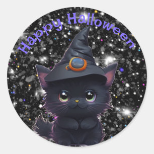 Sticker Rond Chat noir d'Halloween blanc mignon
