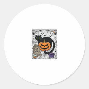 Sticker Rond Chat noir d'Halloween Citrouille Pierre tombale Ch