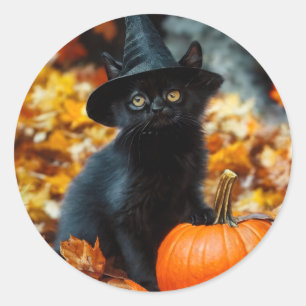 Sticker Rond Chat noir d'Halloween et Citrouille