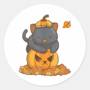 Sticker Rond Chat noir d'Halloween sur Citrouille avec automne