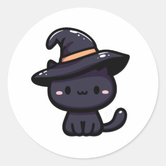 Sticker Rond Chat noir doux avec chapeau de sorcière