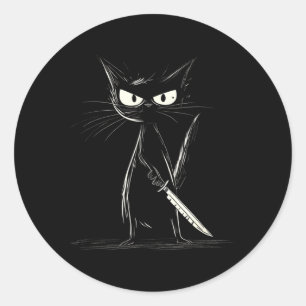 Sticker Rond Chat noir drôle Chat meurtrier avec un couteau Fan