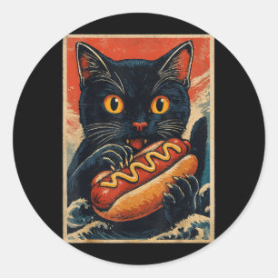 Sticker Rond Chat noir drôle mangeant un hot dog rétro japonais