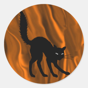 Sticker Rond Chat noir éffrayant avec Halloween Arrière