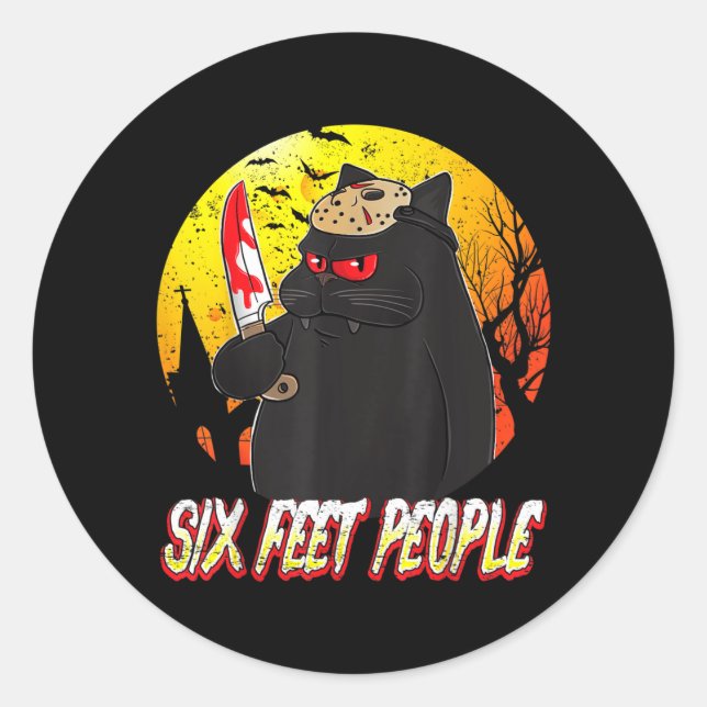 Sticker Rond Chat Noir Effrayant de Six Pieds avec Couteau (Devant)