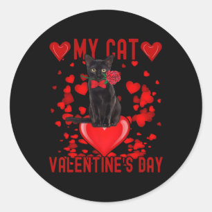 Sticker Rond Chat Noir Est Ma Saint-Valentin Cœurs Rouges Saint