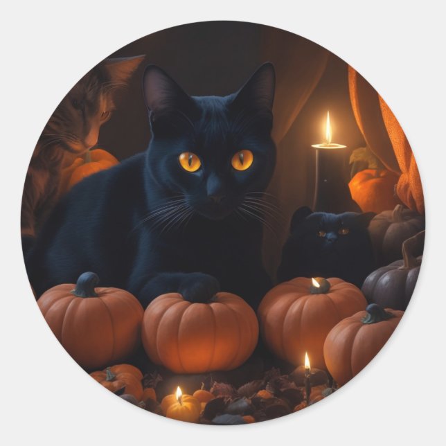 Sticker Rond Chat noir et amoureux citrouille d'Halloween (Devant)