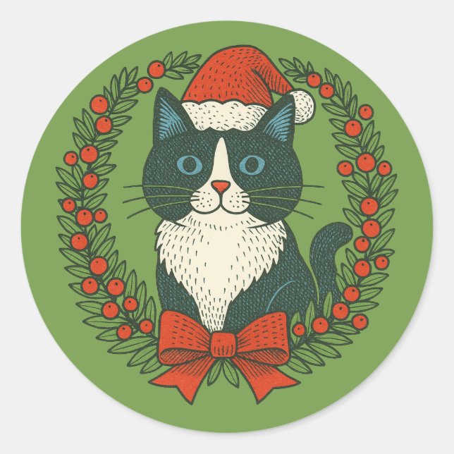 Sticker Rond Chat noir et blanc, Noël Père Noël (Devant)