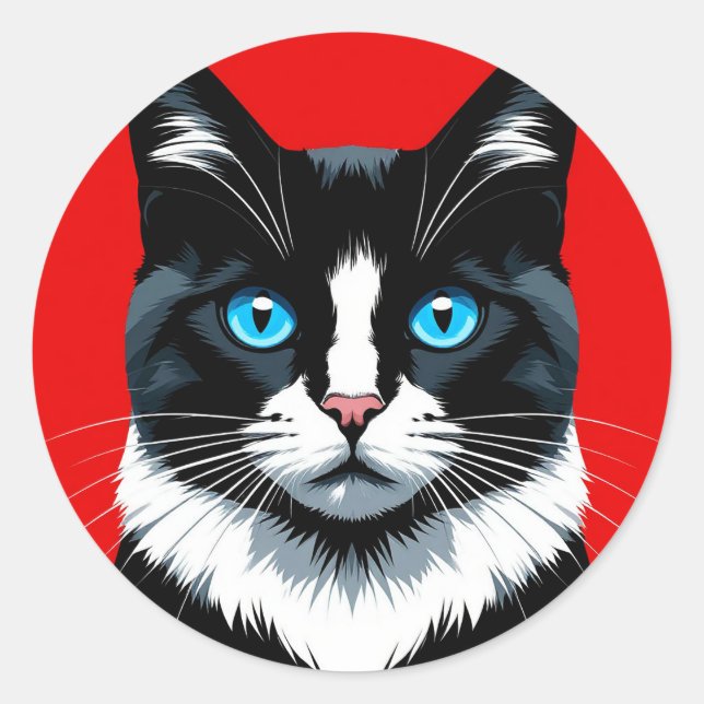 Sticker Rond Chat Noir et Blanc Yeux Bleus 🐱 Félin Vibrant (Devant)