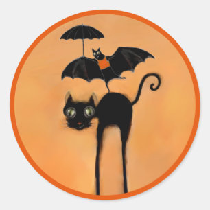 Sticker Rond Chat noir et chauve-souris drôles d'Halloween