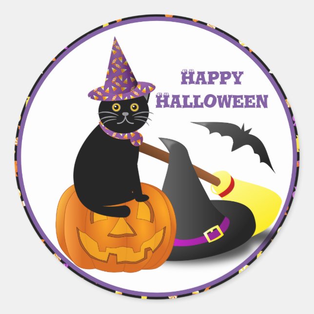 Sticker Rond Chat noir et citrouille Joyeux Halloween (Devant)