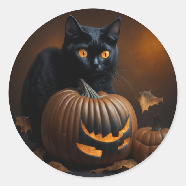 Sticker Rond Chat noir et Jack-O-Lantern (Devant)