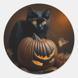 Sticker Rond Chat noir et Jack-O-Lantern