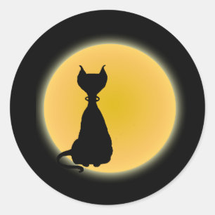 Sticker Rond Chat noir et lune jaune Halloween Art