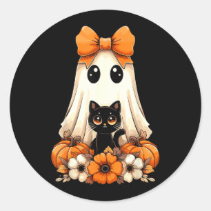 Sticker Rond Chat noir fantôme groovy d'Halloween