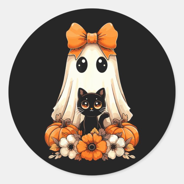 Sticker Rond Chat noir fantôme groovy d'Halloween (Devant)