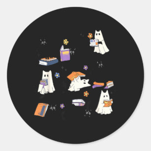Sticker Rond Chat noir fantôme lisant un livre Costume Hallowee