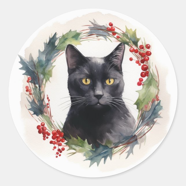 Sticker Rond Chat noir Fête de couronnes de Noël Kitten (Devant)