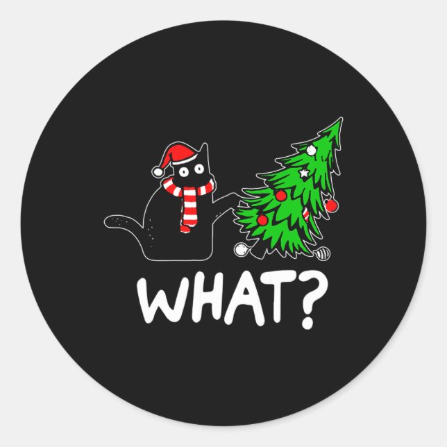 Sticker Rond Chat Noir Fun Et Marrant Poussant L'Arbre De Noël (Devant)