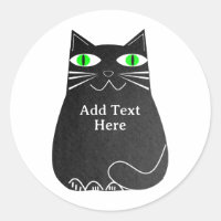 Chat noir gras avec yeux verts Texte personnalisé