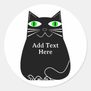 Sticker Rond Chat noir gras avec yeux verts Texte personnalisé