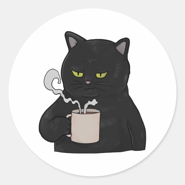 Sticker Rond Chat Noir Grognon au Café du Matin Maussade (Devant)